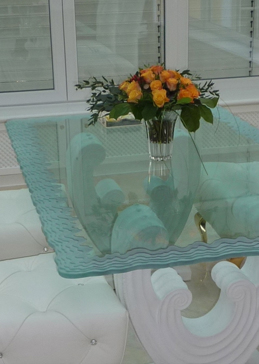 Art Glass Glass Dining Table Featuring Sandblast Frosted Glass by Sans Soucie for Not Private with Edges Shoreline Edge 5 Design