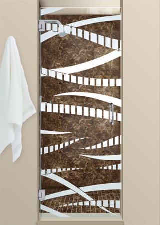 Shower Door with a Frosted Glass Trails Abstract Design for Semi-Private by Sans Soucie Art Glass