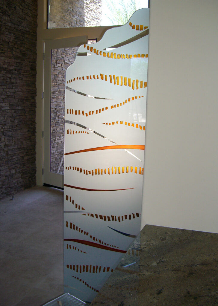Etched glass panel featuring abstract Trails design