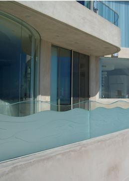 Art Glass Divider Featuring Sandblast Frosted Glass by Sans Soucie for Semi-Private with Oceanic Tranquil Waves Design
