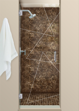 Handcrafted Etched Glass Shower Door by Sans Soucie Art Glass with Custom Geometric Design Called Triangles Pinstripe Creating Not Private