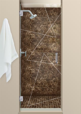 Shower Door featuring Frosted Glass Design Etched Glass by Sans Soucie Art Glass with Custom Geometric Design Triangles Pinstripe