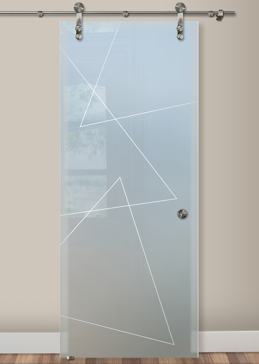 Handcrafted Etched Glass Sliding Glass Barn Door by Sans Soucie Art Glass with Custom Geometric Design Called Triangles Pinstripe Creating Private