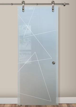 Glass Barn Door featuring Frosted Glass Design Etched Glass by Sans Soucie Art Glass with Custom Geometric Design Triangles Pinstripe