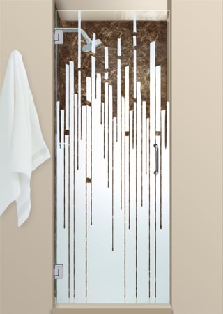 Shower Door showcasing a Frosted Glass Geometric Design with Sandblast Etched Glass Art by Sans Soucie Trickle Design
