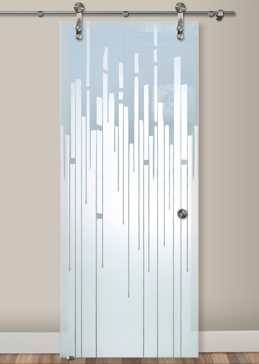 Private Sliding Glass Barn Door with Sandblast Etched Glass Art by Sans Soucie Featuring Trickle Geometric Design