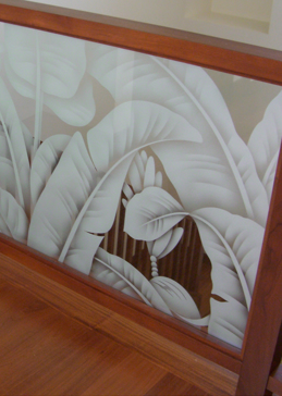Divider with a Frosted Glass Tropical Leaves Tropical Design for Semi-Private by Sans Soucie Art Glass