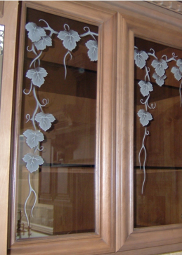 Cabinet Glass with a Frosted Glass Vineyard Grapes Ivy Grapes & Ivy Design for Semi-Private by Sans Soucie Art Glass