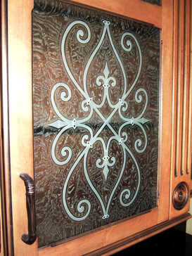 Custom-Designed Decorative Cabinet Glass with Sandblast Etched Glass by Sans Soucie Art Glass Handcrafted by Glass Artists