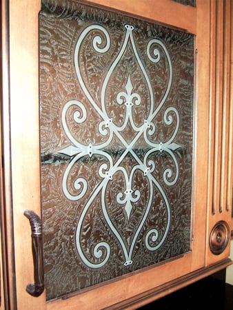 Cabinet Glass with a sandblast Frosted Glass Wrought Iron Design Custom-Designed Decorative Etched Glass