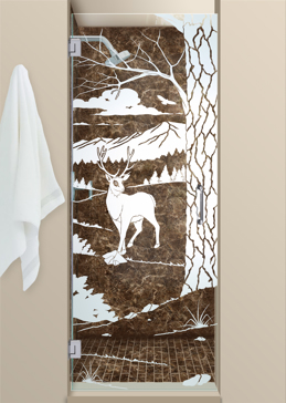 Shower Door with Frosted Glass Wildlife Wandering White Tail Design by Sans Soucie