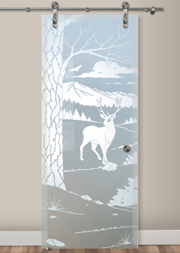 Sliding Glass Barn Door with Frosted Glass Wildlife Wandering White Tail Design by Sans Soucie