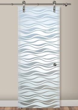 Handcrafted Etched Glass Sliding Glass Barn Door by Sans Soucie Art Glass with Custom Patterns Design Called Wavy Creating Private