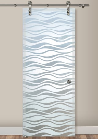 Glass Barn Door featuring Frosted Glass Design Etched Glass by Sans Soucie Art Glass with Custom Patterns Design Wavy