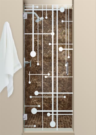 Shower Door with a sandblast Frosted Glass Geometric Design Custom-Designed Decorative Etched Glass