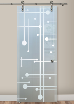 Custom-Designed Decorative Sliding Glass Barn Door with Sandblast Etched Glass by Sans Soucie Art Glass Handcrafted by Glass Artists