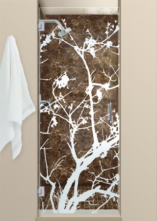 Shower Door with Frosted Glass Asian Wild Cherry Design by Sans Soucie