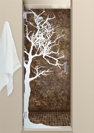 Shower Door featuring a Frosted Glass Tree Design Sandblast Etched Glass Winter Tree Design by Sans Soucie