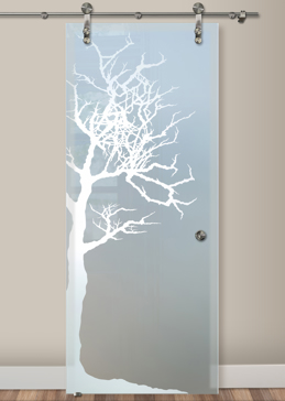 Handmade Sandblasted Frosted Glass Sliding Glass Barn Door for Private Featuring a Trees Design Winter Tree by Sans Soucie