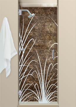 Shower Door with Frosted Glass Foliage Wispy Reeds Design by Sans Soucie