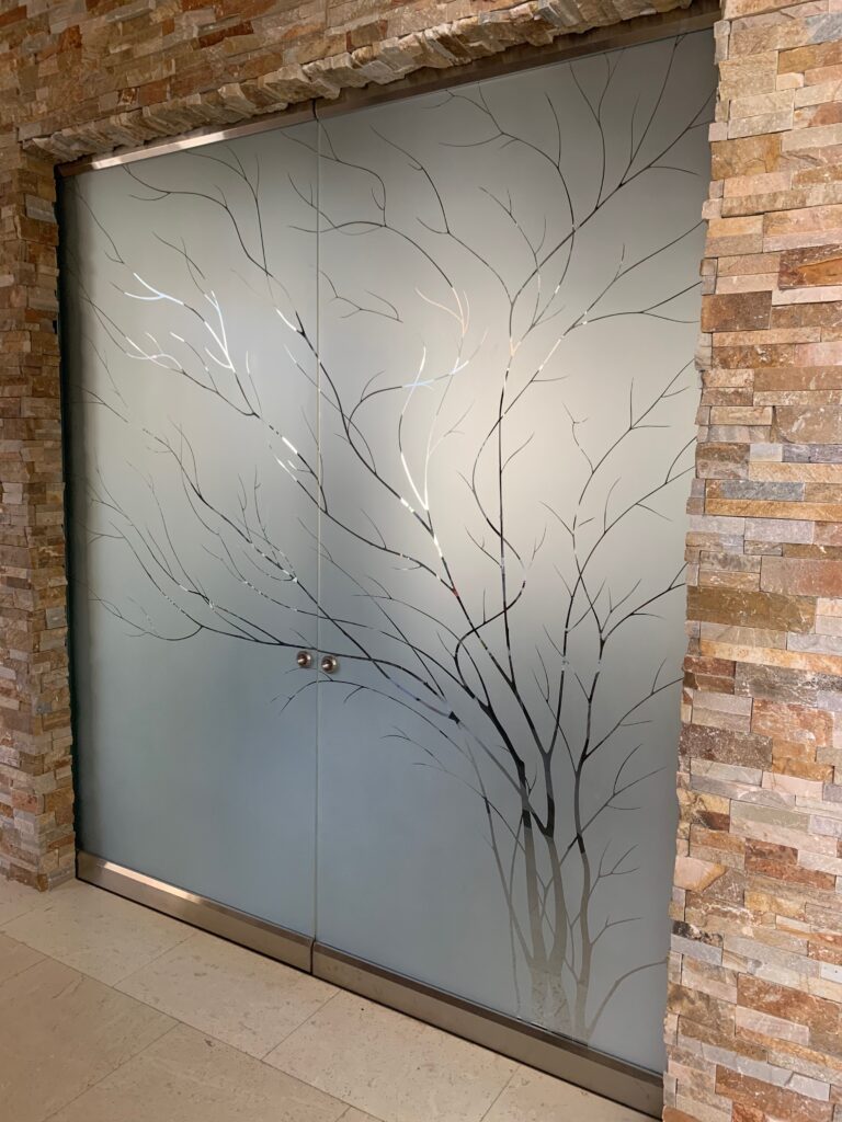 Wispy Tree Semi-Private 1D Negative Frosted Glass Finish Frameless Glass Pantry Door Interior Door Sans Soucie