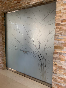 Art Glass Interior Glass Door Featuring Sandblast Frosted Glass by Sans Soucie for Semi-Private with Trees Wispy Tree Design