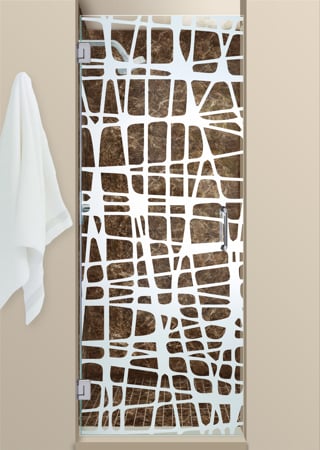 Shower Door featuring Frosted Glass Design Etched Glass by Sans Soucie Art Glass with Custom Geometric Design Woven