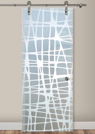 Glass Barn Door featuring Frosted Glass Design Etched Glass by Sans Soucie Art Glass with Custom Geometric Design Woven
