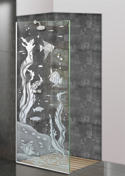 Handmade Sandblasted Frosted Glass Shower Panel for Semi-Private Featuring a Oceanic Design Aquarium Fish by Sans Soucie