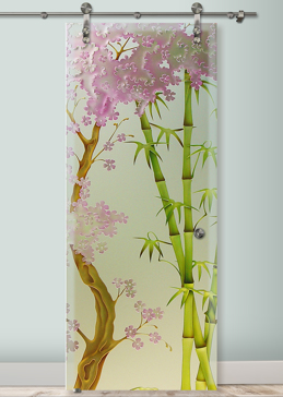 Art Glass Sliding Glass Barn Door Featuring Sandblast Frosted Glass by Sans Soucie for Private with Asian Cherry Blossom Bamboo Design