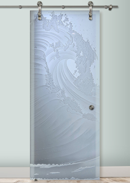 Art Glass Sliding Glass Barn Door Featuring Sandblast Frosted Glass by Sans Soucie for Private with Oceanic Curl Design