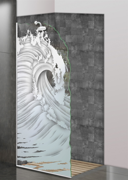 Art Glass Shower Panel Featuring Sandblast Frosted Glass by Sans Soucie for Semi-Private with Oceanic Curl Design
