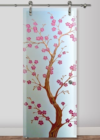 Glass Barn Door with Frosted Glass Asian Delicate Cherry Blossom Design by Sans Soucie