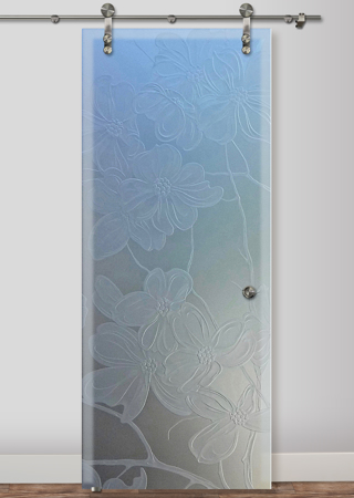 Glass Barn Door featuring a Frosted Glass Floral Design Sandblast Etched Glass Dogwood Design by Sans Soucie