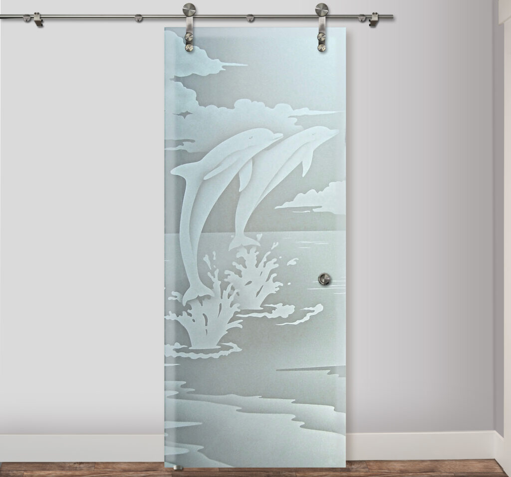 Interior barn door style with private etched glass design Dolphins Leaping