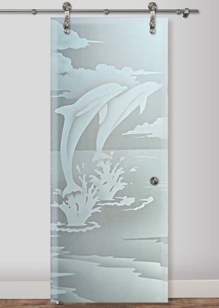 Glass Barn Door with a sandblast Frosted Glass Oceanic Design Custom-Designed Decorative Etched Glass