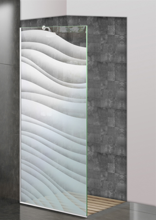 Shower Partition showcasing a Frosted Glass Abstract Design with Sandblast Etched Glass Art by Sans Soucie Dreamy Waves Design