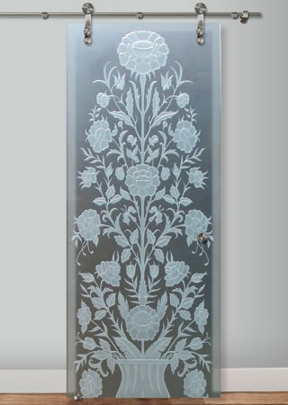 Glass Barn Door with a sandblast Frosted Glass Floral Design Custom-Designed Decorative Etched Glass