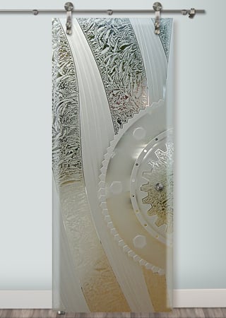 Glass Barn Door with a sandblast Frosted Glass Geometric Design Custom-Designed Decorative Etched Glass