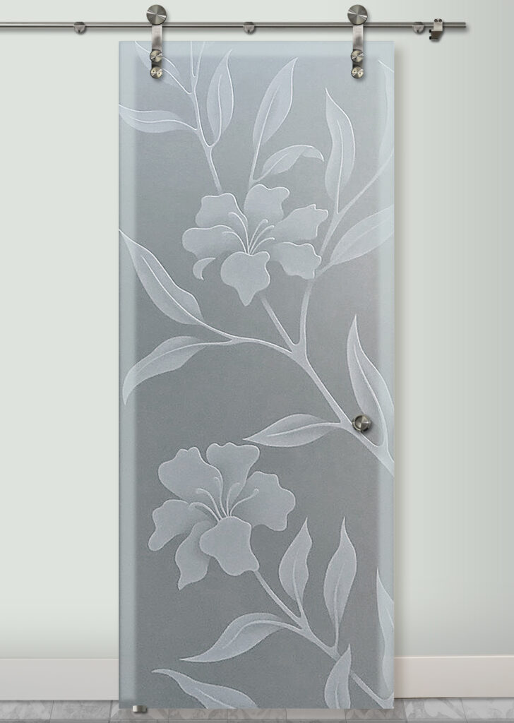 Hibiscus 3D carved shaded design barn door with glass - Sans Soucie Art Glass