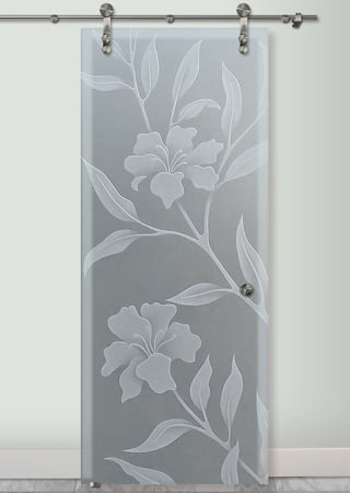 Glass Barn Door with a sandblast Frosted Glass Tropical Design Custom-Designed Decorative Etched Glass