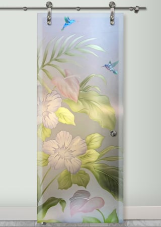 Glass Barn Door featuring a Frosted Glass Tropical Design Sandblast Etched Glass Hibiscus Anthurium Design by Sans Soucie