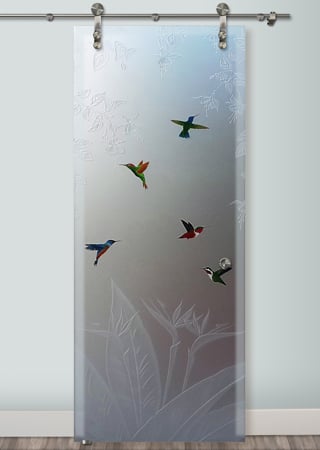 Glass Barn Door with a sandblast Frosted Glass Tropical Design Custom-Designed Decorative Etched Glass