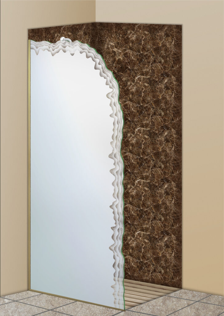 Frosted glass shower divider with iceberg-style privacy design and chiseled edge in a brown tile shower.