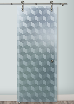 Art Glass Sliding Glass Barn Door Featuring Sandblast Frosted Glass by Sans Soucie for Private with Geometric Illusion Cubes Design