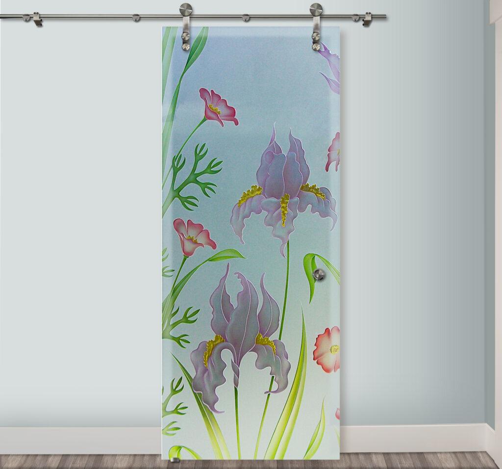 Glass Barn Doors Iris Poppy 3D Enhanced Painted Private Frosted Siding Glass Barn Door Floral Design Sans Soucie