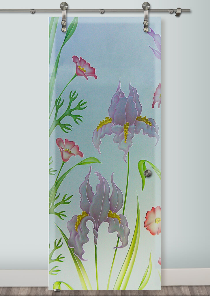 Iris Poppy Custom Glass Barn Door Glass Effect Private 3D Enhanced Painted Frosted Glass Finish Farmhouse Decor Floral Style Sans Soucie