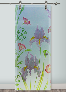 Sliding Glass Barn Door with Frosted Glass Floral Iris Poppy Design by Sans Soucie