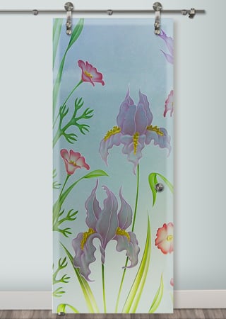 Glass Barn Door with Frosted Glass Floral Iris Poppy Design by Sans Soucie