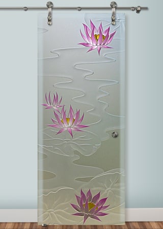 Glass Barn Door featuring a Frosted Glass Floral Design Sandblast Etched Glass Lily Pads & Lotus Design by Sans Soucie